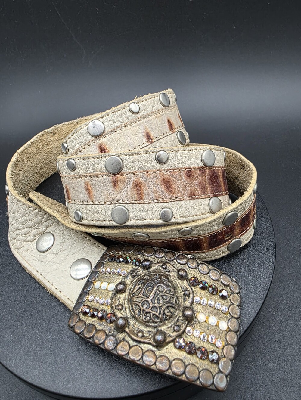 LEATHEROCK Embellished Studded Leather Belt in Cream and Brown